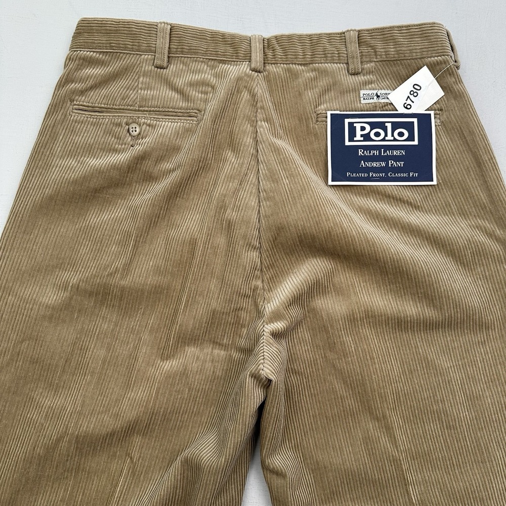 NEW VTG Polo Ralph Lauren Andrew Corduroy Pants 34x32 Men Beige Pleated Baggy